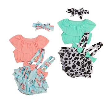 FOCUSNORM 0-24M 3 adet Bebek Kız Giysileri Setleri Kapalı Omuz Katı T Shirt Üstleri Gökkuşağı / Leopar Tulum Şort + Kafa Bandı