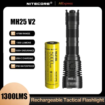 NITECORE MH25 V2 Taktik El Feneri 1300 Lümen USB şarj edilebilir led lamba Meşale Açık Yürüyüş Kamp Avcılık İçin 5000mAh Pil