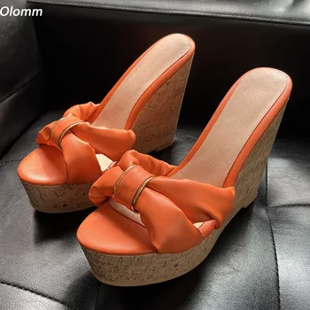Olomm El Yapımı Kadın Platformu Katır Sandalet Seksi Takozlar Topuklu Yuvarlak Ayak Güzel Turuncu Cosplay Ayakkabı ABD Artı Boyutu 5-20