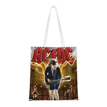 Komik Baskı Rock Grubu Tote alışveriş çantası Yıkanabilir Tuval Omuz Alışveriş AC DC Avustralya Ağır Metal Müzik Çanta
