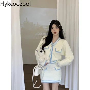 Flykcoozooi Kore Moda Etek Seti V Yaka Çizgili Uzun Kollu Şık Örme Hırka Üstleri Kalça Wrap Mini Etek Kadın Kıyafetleri
