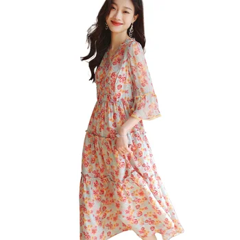 Kadın Çiçek yaz elbisesi Wrap V Boyun Yarım Parlama Kollu Fırfır Aline Diz Boyu Elbise