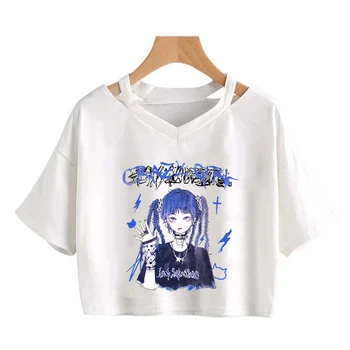 Yaz Punk Grunge T-shirt Kadın Tee Gevşek Kısa kollu Kadın Kırpma Üst Gotik Harajuku Estetik Gömlek Karikatür Anime Kawaii y2k