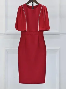 Pelerin Panço Elbise 2023 İlkbahar Yaz Parti Kokteyl Kadınlar Kristal Boncuk Deco Kısa Kollu Midi Bodycon Kırmızı Siyah Elbise XXL