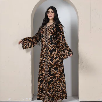 Elmas Abaya Dubai Jalabiya Yaprak Baskı Kadınlar Arapça Elbise Arap Akşam Parti Kaftan İslam Giyim Müslüman Fas Kaftan