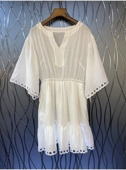 Novia Parti 2023 yaz elbisesi Bayanlar V Yaka Hollow Out Nakış Parlama Kollu Slim Fit A-Line Casual Beyaz Elbise Diz Üstü
