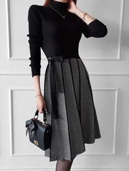 Güz Kış kadın Kore Zarif Siyah Örme Patchwork Kazak Yüksek Kalite Pileli Lace Up Vintage Elbise Vestidos