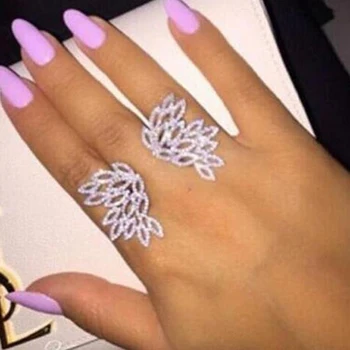 Lüks marka tasarım tam rhinestone kristal melek kanatları açılış yüzükler kadınlar tüy parmak yüzük ziyafet parti takı