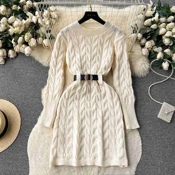 Casual Kadınlar Uzun Kollu Örme Elbise 2023 Yeni Moda Sonbahar Kış Katı Yuvarlak Boyun Kuşaklı Sıcak Kısa Kazak Kazak Elbise