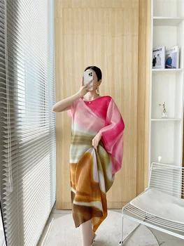 Miyake issey miyake Pilili Vintage Baskı Orta Uzunlukta Tek tek omuzlu elbise Gevşek Boyutu Parti Elbise Yaz Yeni Degrade kadın moda Giyim