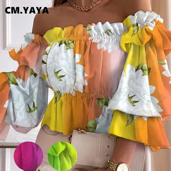 CM.YAYA Çiçek kadınlar için açık omuzlu Fener Uzun Kollu Ruffles Ekleme Yüksek Bel Tunik Kırpma Gömlek ve Bluz 2022 Boho Top