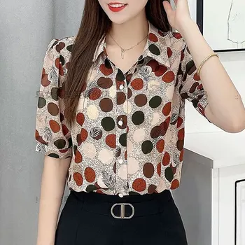Ofis Bayan Kore Polka Dot Gömlek kadın giyim Rahat Tek göğüslü Yaz Yeni turn-aşağı Yaka Gevşek kısa Kollu bluz