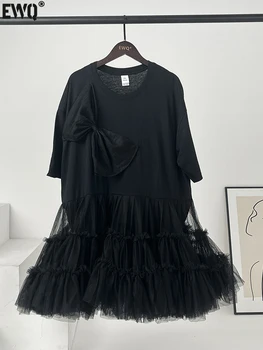 [EWQ] Kadın Etek Örgü Eklenmiş T Shirt Mini Elbise Yay Kısa Kollu Elbiseler 2023 Yaz Tüm Maç Elbise Güzel Siyah Elbise Y702