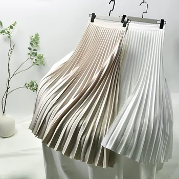 2023 Kadınlar Yüksek Kalite Sonbahar A-line Pilili Etek Saia Streç Bel Üst Marka Beyaz Uzun Etek Faldas Jupe Femme Maxi Etekler