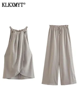 KLKXMYT TRAF Kadın 2 Parça Pantolon Setleri 2023 Yeni Moda Kırpma Üst Kadın Takım Elbise Elastik Pantolon Rahat İki Adet Set Bayan Kıyafetler