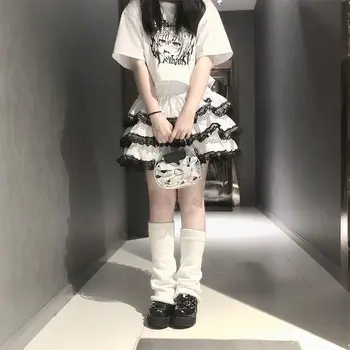 Japon Tarzı Lolita Kadın Mini Etekler Beyaz Siyah Dantel Yüksek Bel Tatlı Seksi Kek Etek 3 katlı Kabarık Y2K Etek Faldas