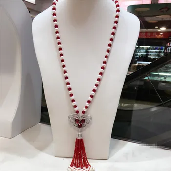 El düğümlü doğal beyaz tatlısu inci kırmızı cam uzun kazak zinciri zirkon aksesuarları kolye moda takı