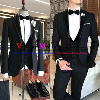 Siyah Damat Smokin Düğün Balo Erkek Takım Elbise 3 Adet Sigara Masculino Resmi Slim Fit İş Erkek Giyim Seti Yelek Ceket Pantolon
