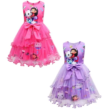 2023 Gabbys Kediler Çocuk Giysileri Kız Karikatür gabby'nin Dollhouse Prenses Elbise Yaz Yay Baskılı Bebek Çocuk Doğum Günü Giyim
