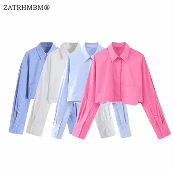 ZATRHMBM Kadınlar 2023 Bahar Moda Kırpılmış Poplin Bluz Vintage Uzun Kollu Düğme Casual Kadın Gömlek Blusas Chic Tops