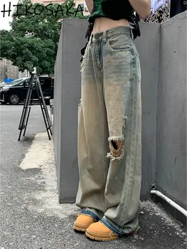 Gevşek Kırık Delik Ham Kenar Drapped Düz Kot Pantolon Yüksek Wasit Vintage Baggy Yırtık Kot Streetwear Moda Y2k Pantolon