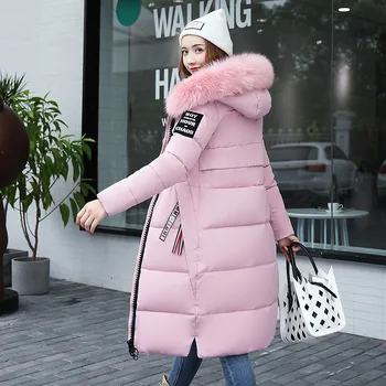 Kış Büyük Kürk Yaka Parkas Moda Katı Fermuar Uzun Ince Pamuk Ceket Kadın Rahat Kapüşonlu Kalın Parka Bayanlar Dış Giyim Ceketler