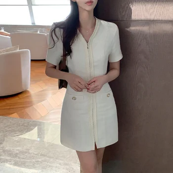 Nazik Kore Tüvit Beyaz Elbise Kadınlar Şık Küçük Kokulu Fermuar Zarif Vintage Kısa Kollu Yüksek Belli Temel Mini Elbiseler