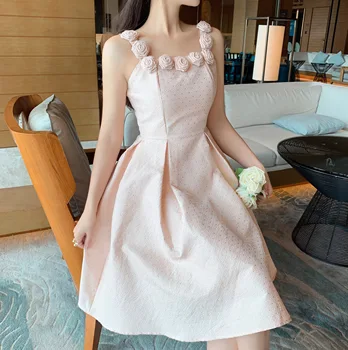 Pembe Gül Aplikler Çiçek Elbise Kadınlar Elegance 2023 Spagetti Kayışı Mini Elbiseler Bayanlar Elmas Akşam Giyim Kadın