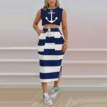 2023 Yaz Moda Donanma Tarzı Kolsuz Baskılı Kırpma Üst Kadınlar Yüksek Bel Bölünmüş Uzun Etek Seti Rahat İki Parçalı Set Streetwear