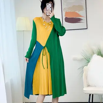 YUDX Miyake issey Miyake Pilili Elbiseler Kadın için 2023 Yaz Artı Yeni Moda Ekleme Fransız V Yaka Elbise Kadınsı Zayıflama MİDİ Etek