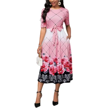 Kadınlar için elbise 2023 Yaz Bahar Moda Kadınlar Yarım Kollu O-Boyun Polyester Baskı Diz boyu Elbise Kadın Elbise S-5XL