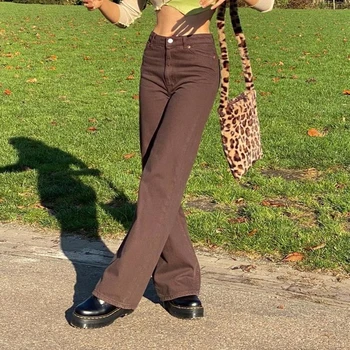 Vintage Kahverengi Kadın Kot Streetwear Yüksek Bel Klasik Geniş kot pantolon Rahat Harajuku Sonbahar Bayanlar Düz Pantolon