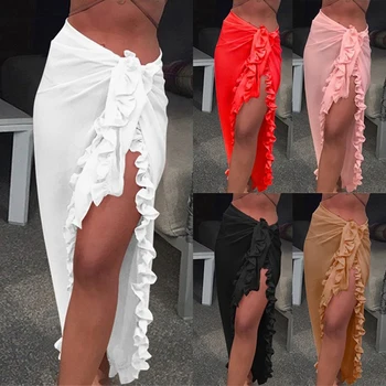 Kadın Güneş Koruyucu Yarım Elbise Bikini Kapak-Up Fırfır Katı See-Through Şifon Plaj Tatil Casual Wrap Eşarp Mayo Etek
