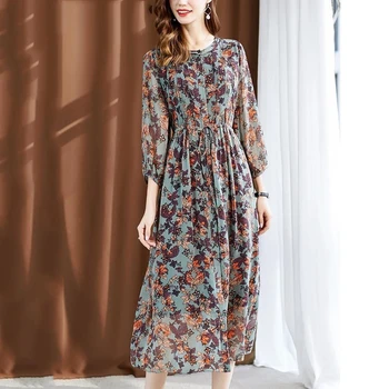 İlkbahar Sonbahar Yeni Moda Kadın Giyim Çiçek Baskı Şifon Elbise O-Boyun Üç Çeyrek Kollu Elbiseler Kadın