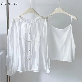 Beyaz Setleri Kadınlar Yaz Güneş Koruyucu Gevşek Uzun kollu Gömlek Ofis Bayan Temel Kore Tarzı Camiş Basit Harajuku 2 Adet Kıyafet