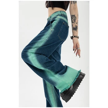 Bayan Kot Yüksek Bel Vintage Düz dökümlü pantolon Şık Tasarım Streetwear Degrade Renk Hip Hop Y2K Denim Geniş Bacak Pantolon