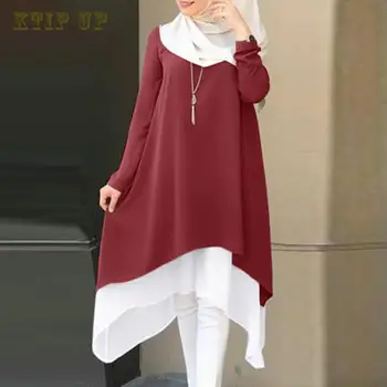 İslam İlkbahar ve Sonbahar Müslüman Moda Arap Sahte İki Parçalı Yuvarlak Boyun Katı Uzun askı elbise Gevşek Uzun Kollu uzun elbise