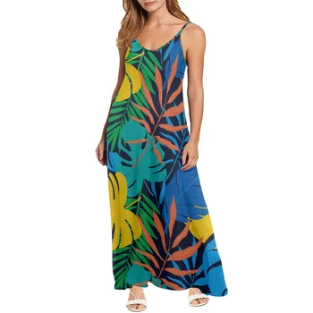 Kadın Plaj V Yaka Zarif Maxi Elbise Kolsuz Uzun Parti Elbiseler Hawaii Tribal Palmiye Yaprağı Baskı Kadınlar Seksi Kapalı tek omuzlu elbise