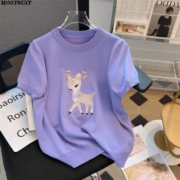 Yaz Mor Geyik İşlemeli Gömlek Üstleri Kadın Örme Kazak Triko Rahat Moda Şık Kısa Kollu O-Boyun Jumper 2023