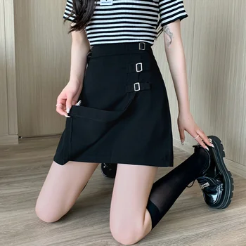 Yüksek Bel Mini Siyah Etek Kadınlar İçin 2023 Bahar Yeni Kore Moda Metal Toka Rahat Jupe Seksi İnce Streetwear Tasarım P398