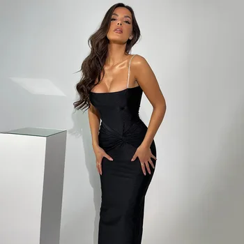Gotoola 2023 Yeni Elbise Basit Mizaç Seksi Lüks Açık Elmas Sling Backless Dikiş Yüksek Bel Slim Fit uzun elbise