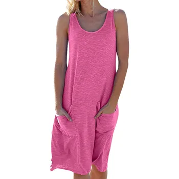 2023 Kadın yaz elbisesi Düz Renk Rahat Gevşek Salıncak T-Shirt Tankı Elbiseler Plaj Cepler Cep Uzun Tees Artı Boyutu Elbise