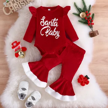 2 Adet Noel Yenidoğan Bebek Kız giyim setleri Uzun Kollu Mektup Baskılar Romper + Pantolon Noel Kıyafetleri Bebek Giysileri 0-24M