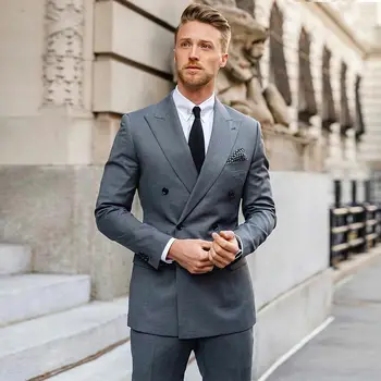 Gri erkek Takım Elbise Slim Fit Blazer Setleri İş Kruvaze Smokin Ceket Ve Pantolon Şal Yaka Düğün Damat Giyim