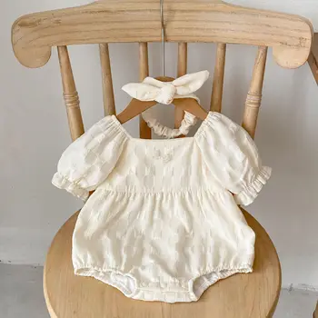 2023 Yaz Bebek Giysileri Bebek Kız Puf Kollu Bodysuit Yenidoğan Kız Tek Parça Tulum Kafa Bandı İle 2 Adet