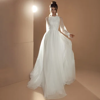 Yüksek Boyun Müslüman Dantel düğün elbisesi Custom Made Büyük Boy Dantel Bir Çizgi Düğmeler Dantelli Uzun Puf Kollu Noktalı Tül gelinlikler