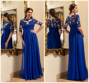 Yarım Kollu Kraliyet Mavi şifon gece elbisesi Uzun 2023 Aplikler Sequins resmi Elbiseler Gece Elbisesi Katmanlı Kat Uzunluk