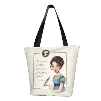 Kawaii Baskı Jane Austen Portre Tote Alışveriş Çantaları Yıkanabilir Tuval Omuz Shopper Yazar Roman Çanta