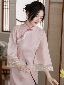 2023 Kadın Pembe Cheongsam Uzun Nakış Kollu Çin Tarzı Dantel Elbise Vintage Casual Zarif Geliştirilmiş Qipao S-Xxl