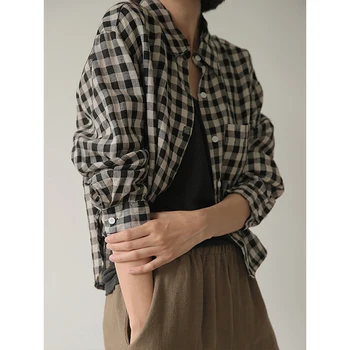 Vintage Ekose Pamuk Keten Kadın Gömlek Casual Turn Down Yaka Uzun Kollu Üstleri Moda Kadın Bluz 2023 Streetwear Bluz